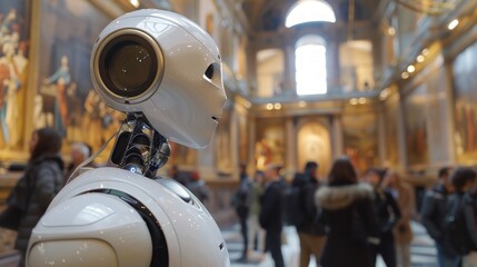 Sticker - An AI robot guiding tourists through a historical museum, providing detailed information and answering questions