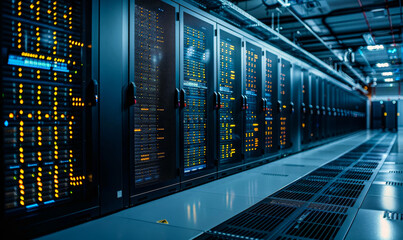 Poster - modern data center with multiple rows of fully operational server racks, cloud computing, artificial