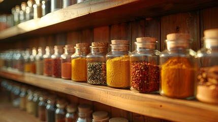 Poster - Glass jars filled with spices like paprika, turmeric, cumin, and oregano are neatly arranged on a wooden shelf. Generative AI