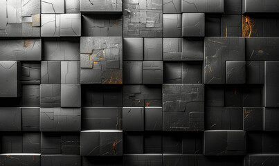 Poster - Futuristic High-Tech Dark 3D Cubic Wall Texture with Abstract Offset Square Pattern and Modern Design Elements Cyberpunk Theme