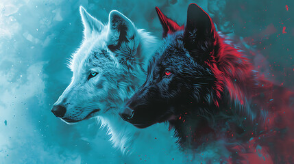 Poster - The image portrays two wolves, each with distinct characteristics. One wolf is white and calm, while the other is black with intense red eyes