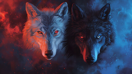 Poster - The image portrays two wolves, each with distinct characteristics. One wolf is white and calm, while the other is black with intense red eyes