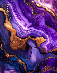 Poster - abstract contemporary marbled background in purple and black with gold powder swirls - artistic liqu