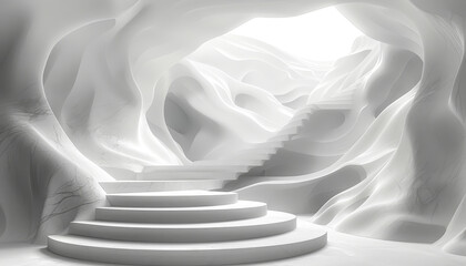 Poster - futuristic white geometric cave with stairs and smooth forms, tech background render conceptualizing