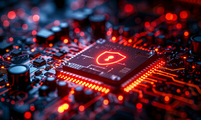 Poster - futuristic security technology concept with shield on microchip, data flowing from cpu on advanced m