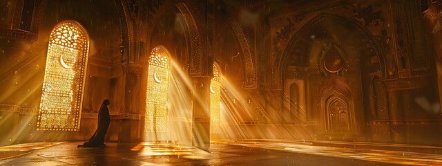 Wall Mural - Religious muslim man praying inside the mosque. AI generated illustration