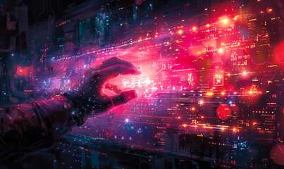 Poster - Futuristic Hand Interacting with Holographic Touch Screen Interface at Night, Exploring Digital Information and New Possibilities in Technological Setting, Neon Lights