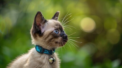 Canvas Print - Adorable Siamese mix kitten with blue collar and bell looking to the right against green backdrop