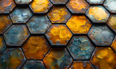 Poster - close-up photography of hexagon metallic pattern with textured surface in warm tones for industrial 