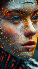 Poster - futuristic human-ai fusion: detailed close-up of cybernetic face with digital circuitry and lights, 