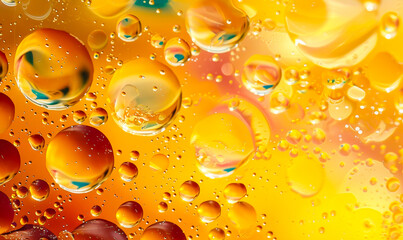 Poster - Vivid Abstract Art with Oil Drops on Water Surface, Bright Yellow and Orange Background, Fluid Dynamics Concept for Creative Design Projects