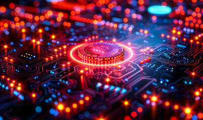 Poster - microchip with red security firewall in digital circuit board, representing advanced cybersecurity i