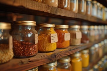 Poster - A close-up shot of a wooden shelf in a kitchen filled with glass jars of various spices, each labeled with the spice name. Generative AI