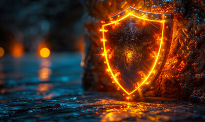 Poster - Glowing Neon Orange Yellow Shield Icon for Cybersecurity Concept in Dark Setting - High-Tech Digital 3D Render Symbol for Online Protection on Black Background