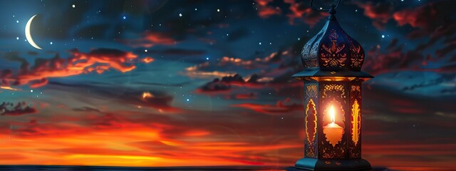 Wall Mural - Ramadan Kareem - Moon And Arabian Lantern With Blue Sky At Night With Abstract Defocused Lights - Eid Ul Fitr. AI generated illustration