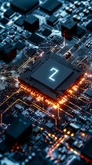 Poster - futuristic information technology concept with info symbol on microchip and data flow across advance