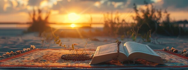 Wall Mural - Photo of a prayer mat with an open Quran and rosary on top, in a front view, during sunset. AI generated illustration