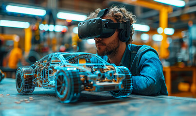 Poster - automotive engineer using virtual reality headset to design and optimize electric car 3d model in mo