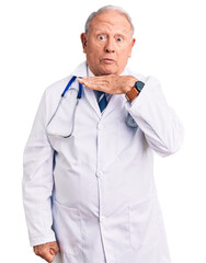 Poster - Senior handsome grey-haired man wearing doctor coat and stethoscope cutting throat with hand as knife, threaten aggression with furious violence