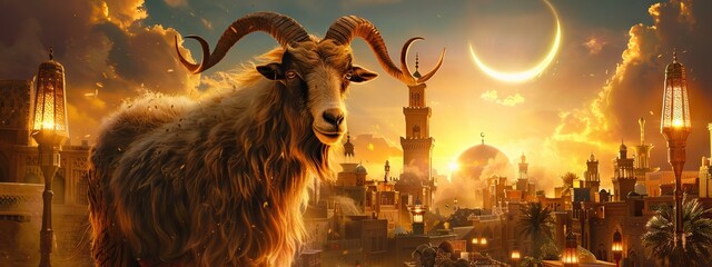Wall Mural - An impressive goat with horns stands in front of an Arabic city, the crescent moon is shining brightly in the sky. AI generated illustration