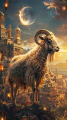 Wall Mural - An impressive goat with horns stands in front of an Arabic city, the crescent moon is shining brightly in the sky. AI generated illustration
