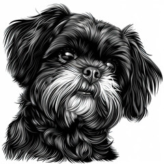 A black and white drawing of a shih tzu dog
