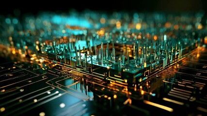 Poster - Close-up of electronic circuit board with glowing lights. Technology background