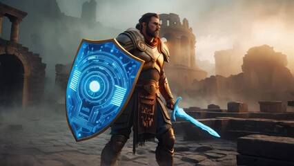 Poster - Male warrior warrior defender with a sword and a cyber shield in his hands, the concept of cyber security and data protection from hackers