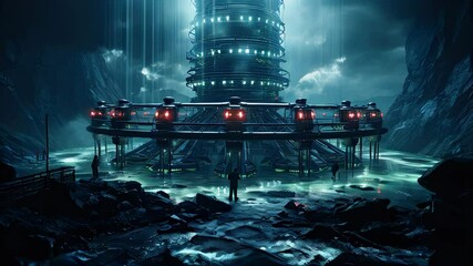 Poster - Abstract blue background futuristic hi-tech computer round platform reactor