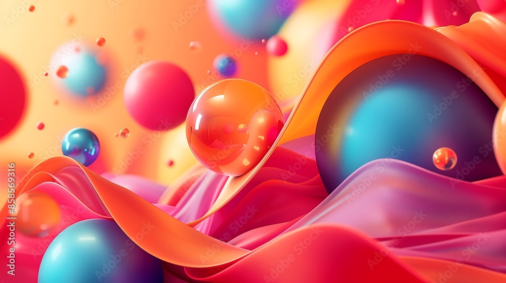 3D abstract background with floating spheres and flowing ribbons in ...