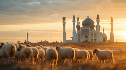 Wall Mural - Photo of a flock of sheep. Mosque background. Sheep are standing in front of the mosque. AI generated illustration