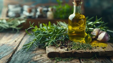 Poster - A rustic wooden tabletop with fresh herbs and spices arranged around a bottle of olive oil. Generative AI