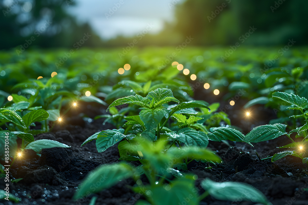 Rows of young plants in a field illuminated by small glowing lights ...