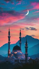 Islamic Background,Dome Mosques,Crescent Moon,Starry on Dark Blue Sky Background,Vetor symbol islamic religion with twilight sky,Banner Eid al Adha,Eid al fitr,Mubarak. AI generated illustration