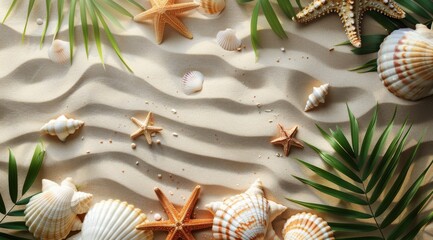 Wall Mural - Seashells and Starfish on Sandy Beach During a Sunny Day