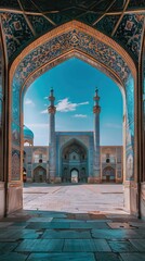 Wall Mural - View of the Isfahan Iran mosque from the open ancient wooden doors in Bukhara, Uzbekistan. Sunny day. AI generated illustration