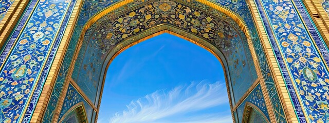 Wall Mural - View of the Isfahan Iran mosque from the open ancient wooden doors in Bukhara, Uzbekistan. Sunny day. AI generated illustration