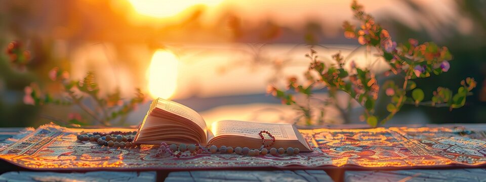 Photo of a prayer mat with an open Quran and rosary on top, in a front view, during sunset. AI generated illustration