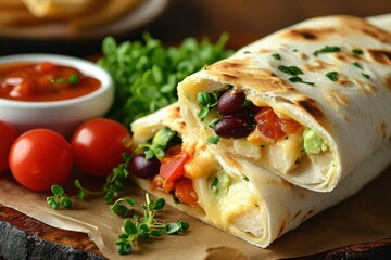 Classic burrito wrap filled with delicious fillings of minced meat and mixed vegetables. Mexican burrito with beef, beans and sour cream. Mexican Food Concept with Copy Space.