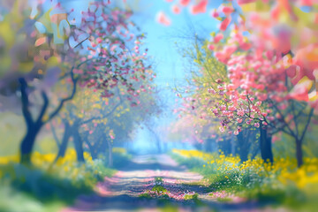 Wall Mural - Beautiful blurred spring background nature with blooming glade, trees and blue sky on a sunny day. generative ai.
