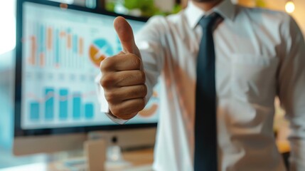 Canvas Print - Business leader giving a thumbs-up in front of a presentation screen displaying positive growth charts and graphs