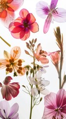 Wall Mural - Colorful flowers against white background, botanical concept