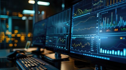 Poster - Close-up of a computer monitor showing financial analytics dashboard and performance metrics