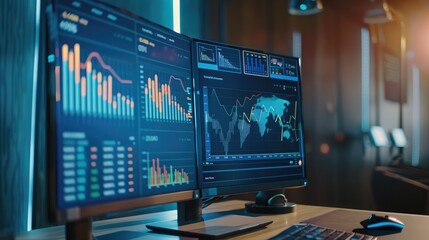 Poster - Close-up of a computer monitor showing financial analytics dashboard and performance metrics