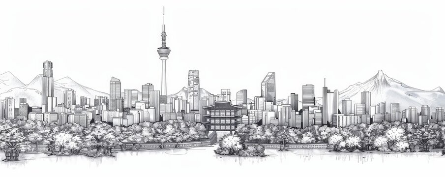 Seoul skyline line art vector illustration featuring famous buildings