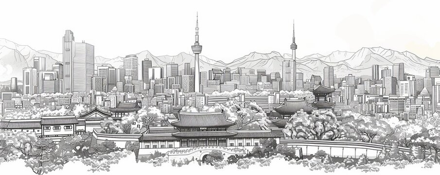 Seoul skyline line art vector illustration featuring famous buildings
