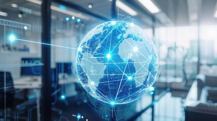 Poster - Digital globe with interconnected network lines, superimposed over a business office scene