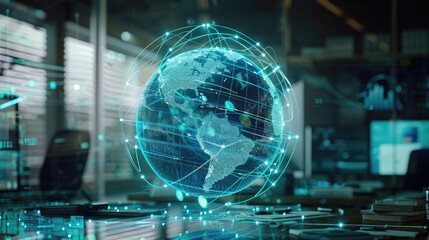 Poster - Digital globe with interconnected network lines, superimposed over a business office scene