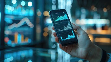 Poster - hand holding a smartphone displaying financial data analytics graphs, with blurred office background