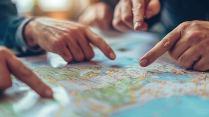 Poster - hands of business people pointing at strategic elements on a printed map, indicating a collaborative